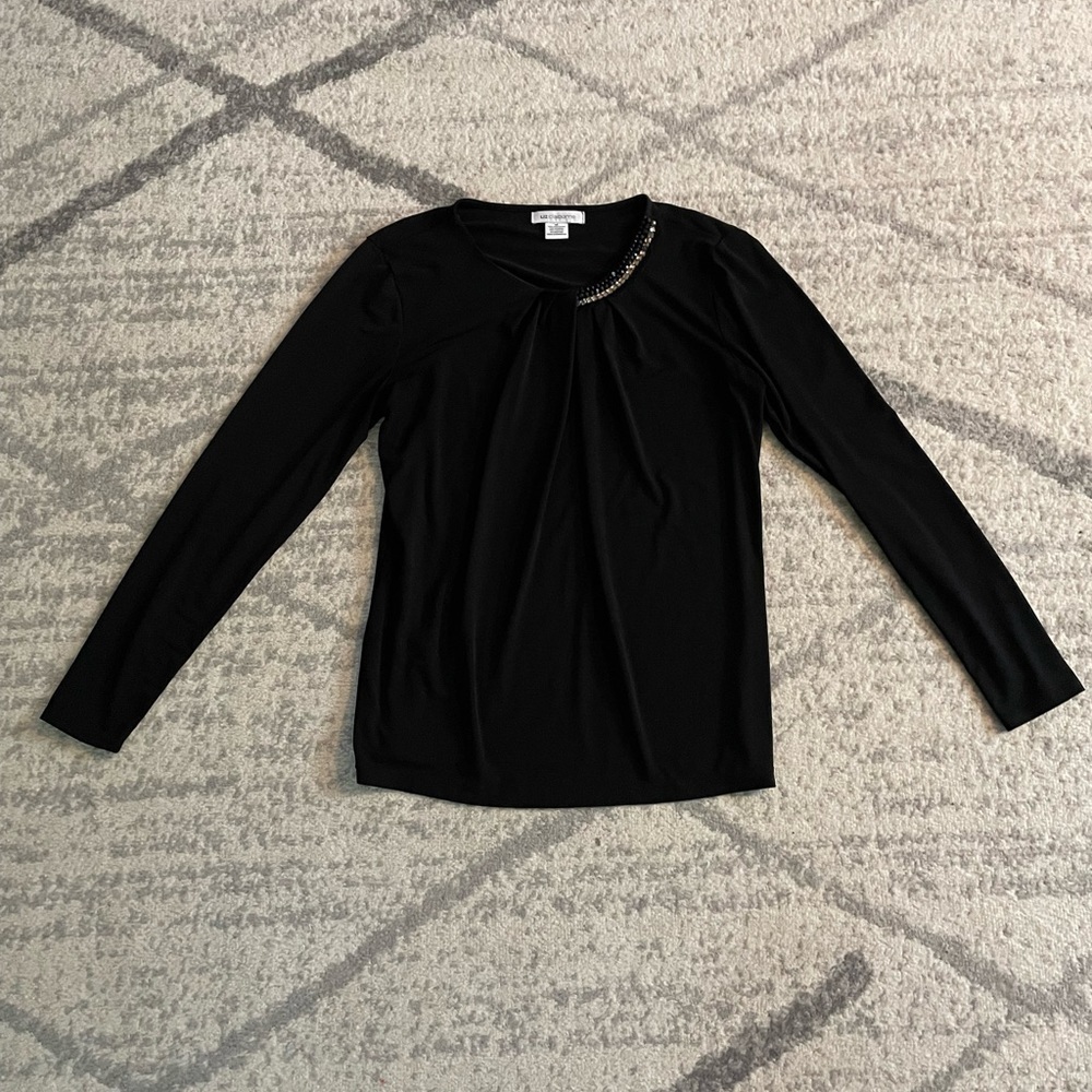 Liz Claiborne Black Long Sleeve Top with Beading Around Neckline
